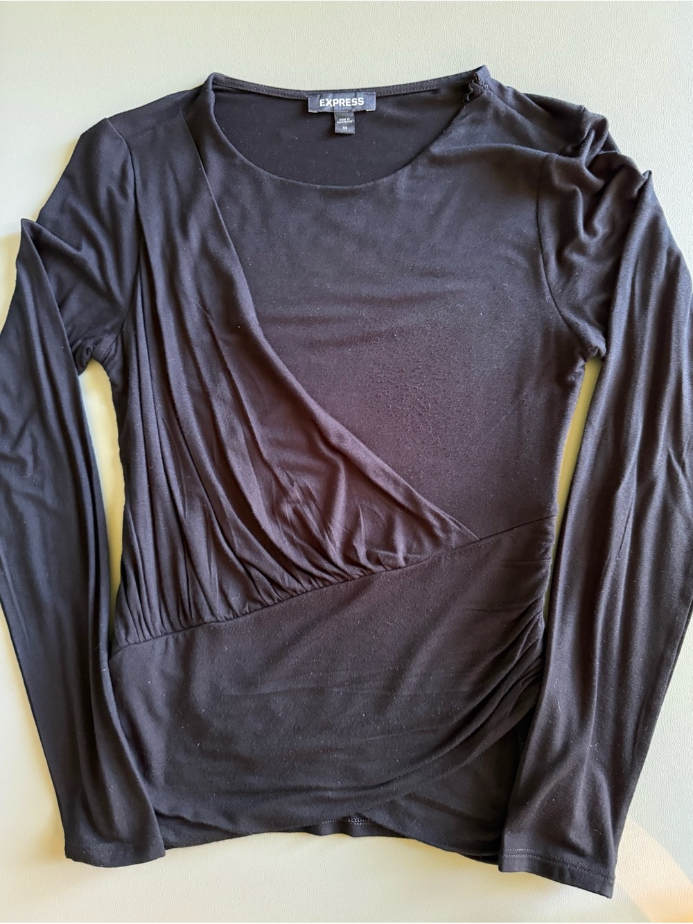 Express Black Long-Sleeve Draped Wrap-Front Top XS